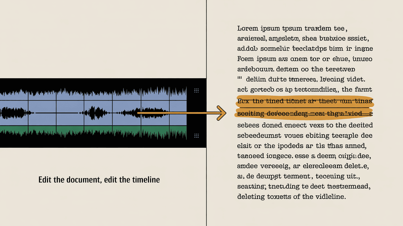 Editorial illustration of Descript's text-based editing concept: an audio waveform on the left connected by an amber arrow to a transcript on the right where one section is struck through, captioned 'Edit the document, edit the timeline'