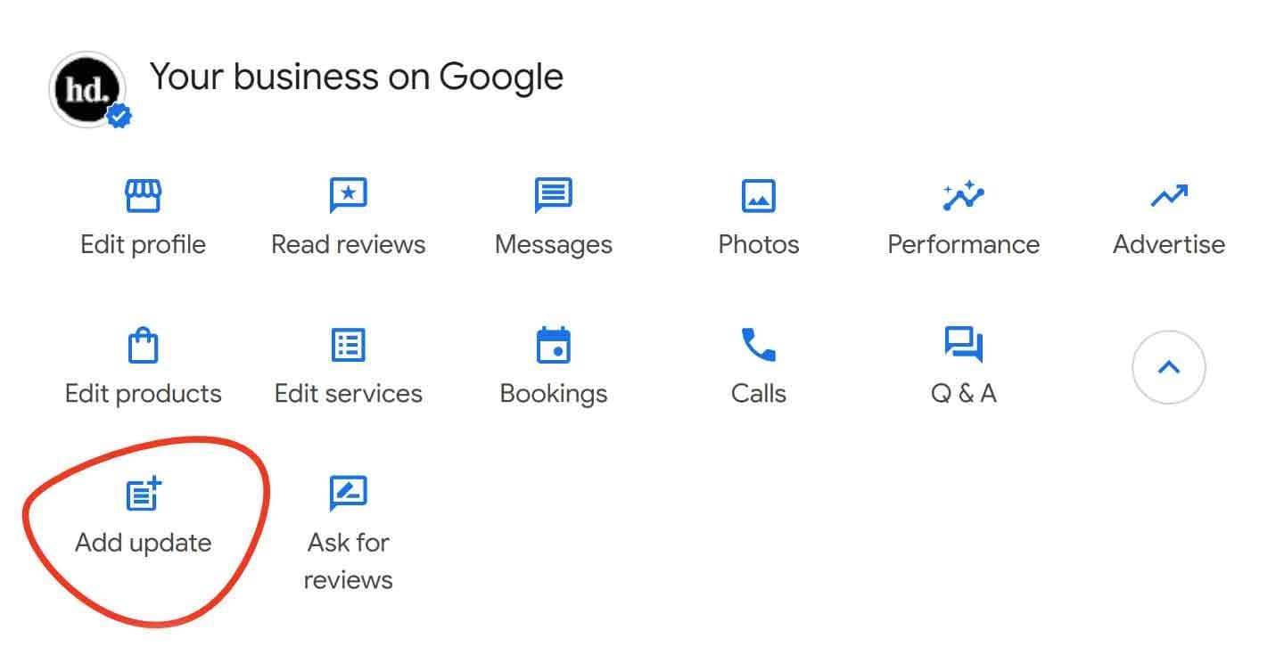 Annotated screenshot of the Google Business Profile dashboard with a red arrow pointing to the Add Update button used to post fresh photos
