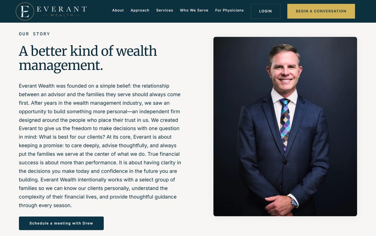 Everant Wealth about page running the navy studio portrait of Drew Forrester by Henry David Photography