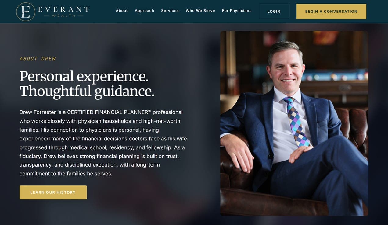 Everant Wealth homepage running the lounge portrait of founder Drew Forrester, photographed by Henry David Photography