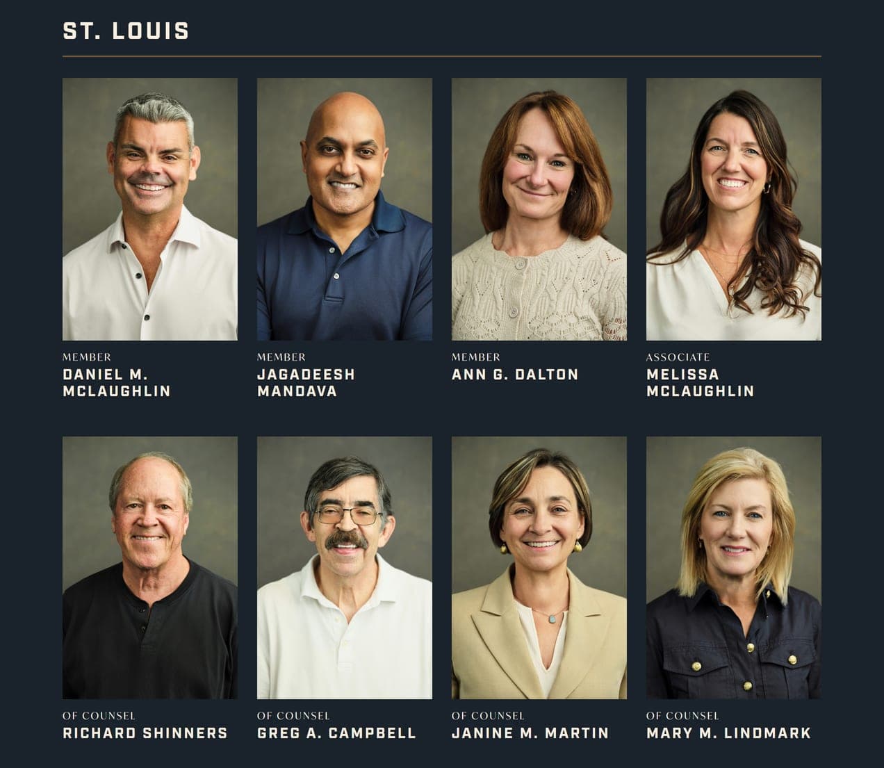 Johnson + Krol who we are page showing the firm's eight St. Louis attorneys, photographed by Henry David Photography