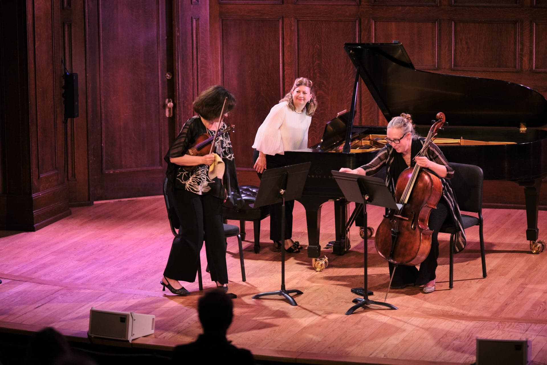 The Calyx Piano Trio performing live at The Sheldon in St. Louis, Catherine French on violin, Nina Ferrigno at the piano, and Jennifer Lucht on cello.