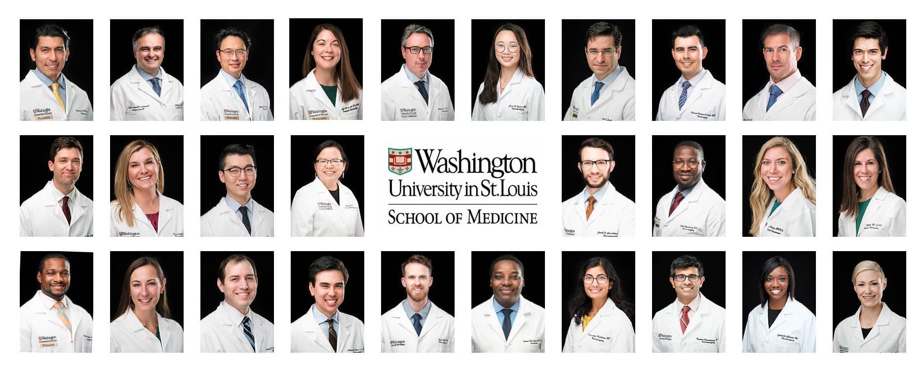 Taylor Family Department of Neurosurgery faculty headshots in white coats at Washington University School of Medicine