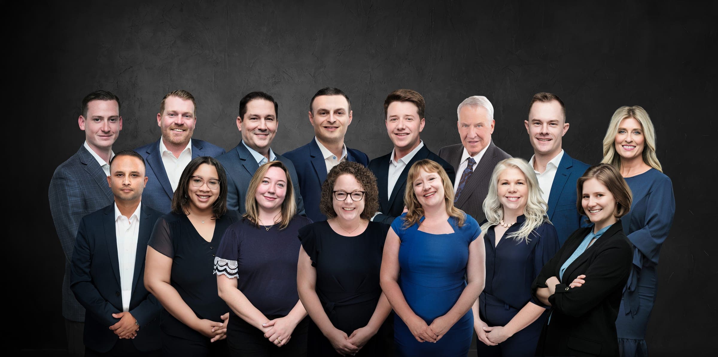 Current Phase Financial team composite with fifteen people in two rows on a textured charcoal background, Northwestern Mutual, Clayton, by Henry David Photography