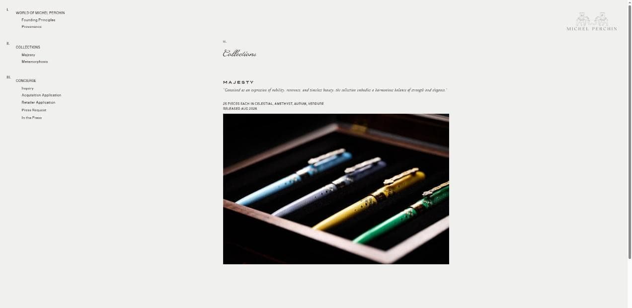The Michel Perchin collections index using a photograph of the four Majesty pens in their burl and velvet presentation case, luxury product photography by Henry David Photography