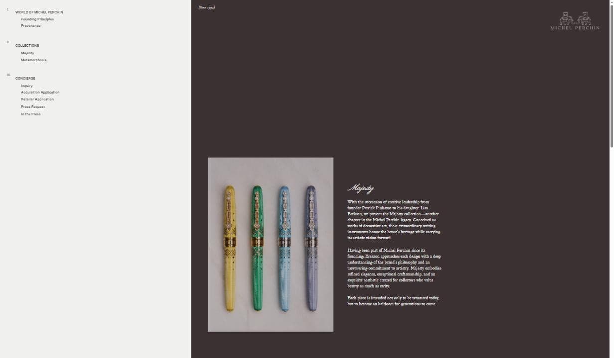 The Michel Perchin Majesty collection page showing all four colourways, Aurum, Verdure, Celestial and Amethyst, photographed on Carrara marble, product photography for a limited edition luxury pen release
