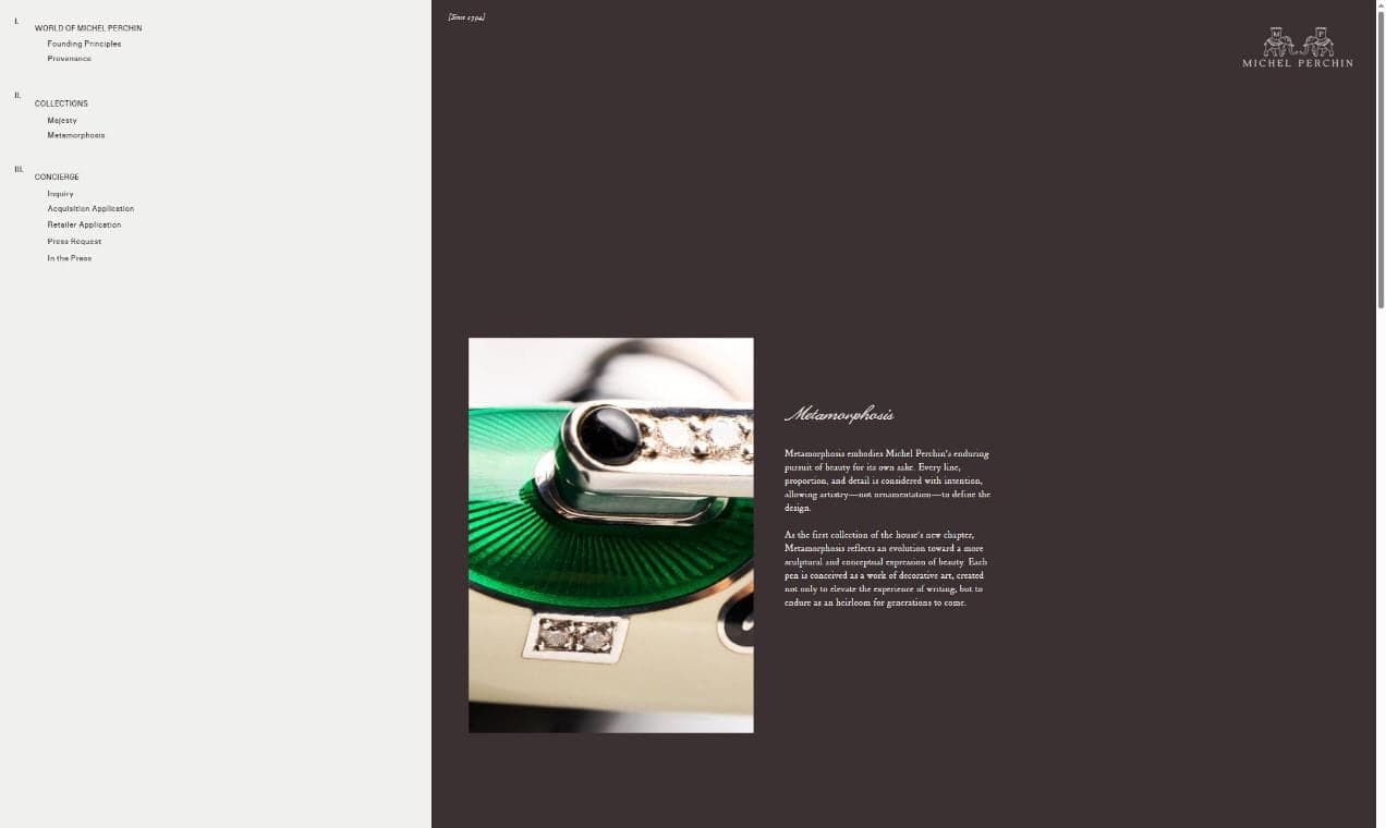 The Michel Perchin Metamorphosis collection page opening on a macro photograph of green starburst enamel and diamond setting, macro product photography by Henry David Photography