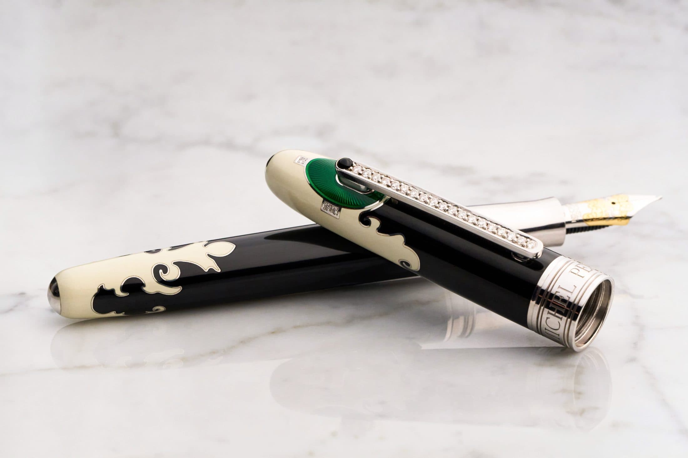 Michel Perchin Majesty fountain pen with cloud-and-wave guilloche and diamond accents, macro by Henry David Photography