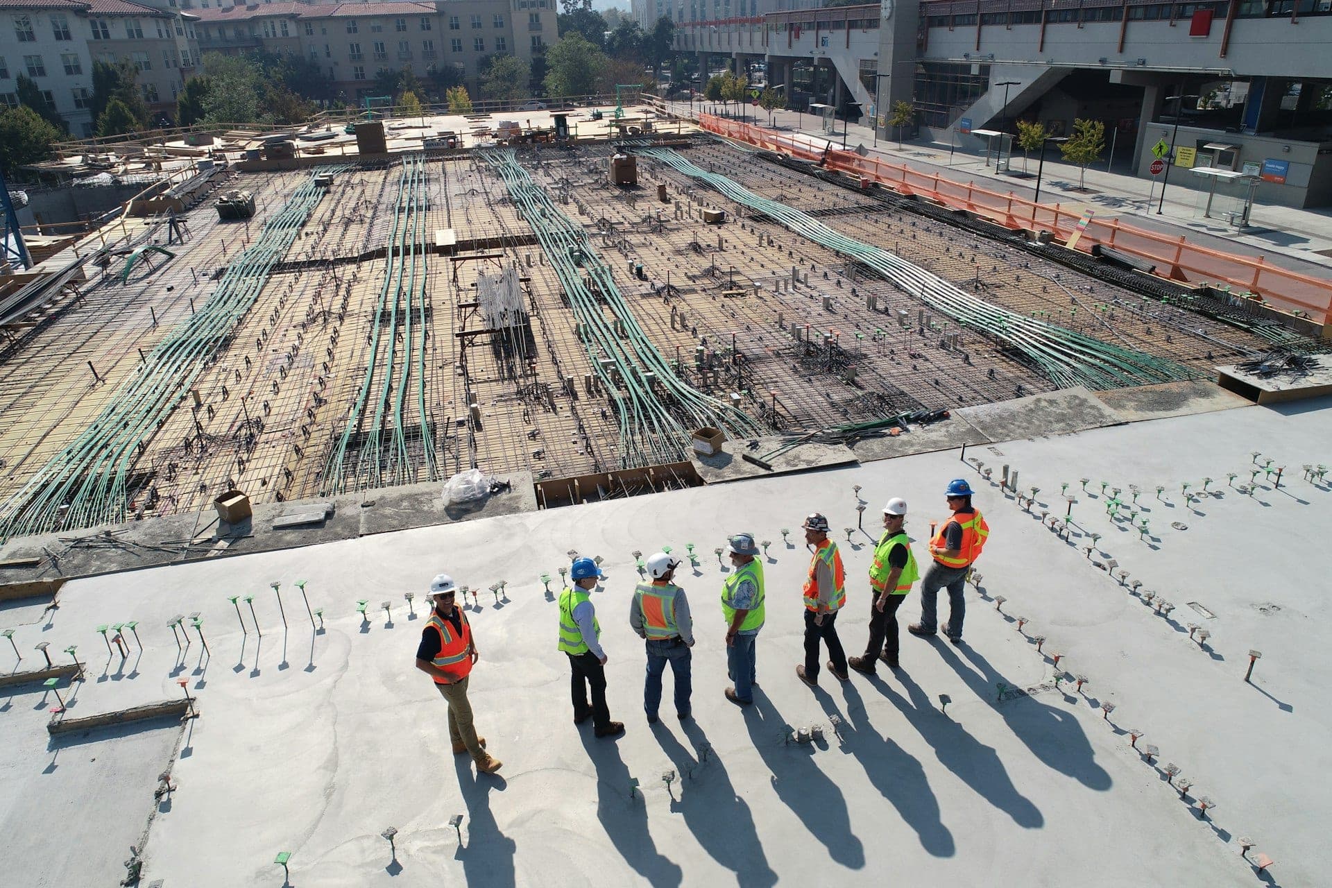 Commercial building construction with steel framework and development in progress