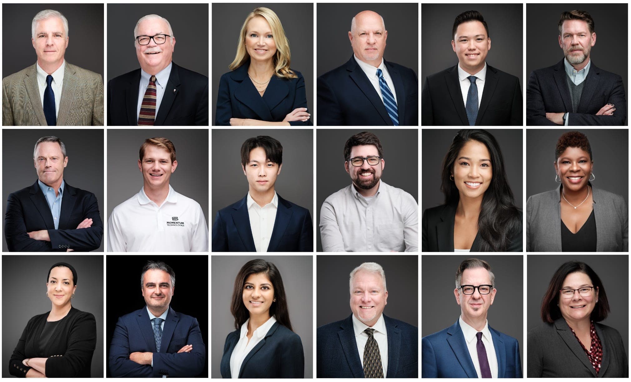 A wall of individual corporate headshots made to one standard, the approach used for programs that span several cities, by Henry David Photography