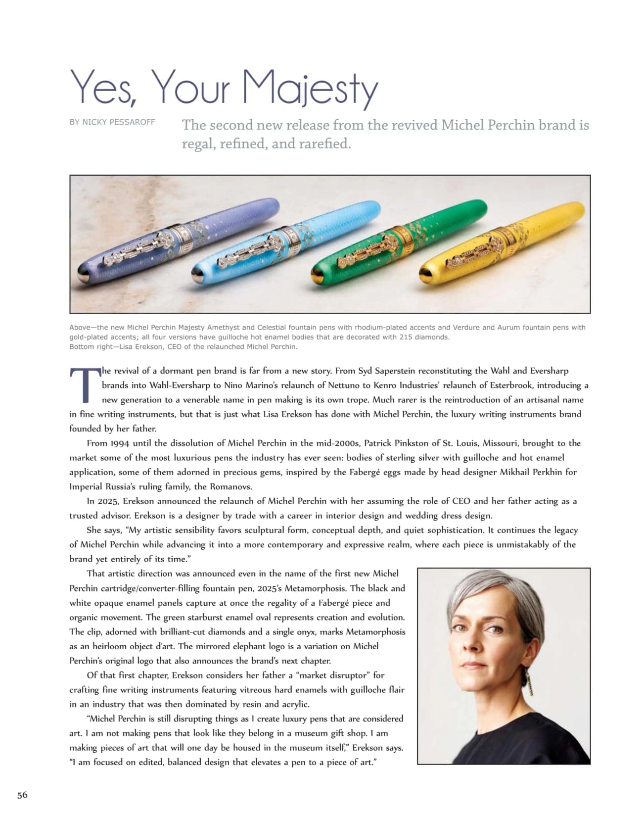 Opening page of the Pen World Magazine feature on the Michel Perchin Majesty collection, led by a panoramic photograph of all four pens on marble