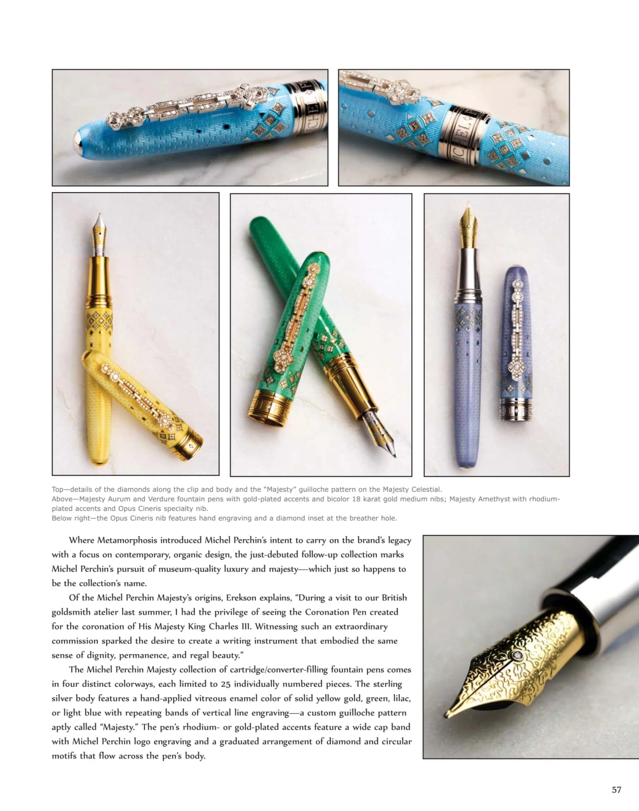 Second page of the Pen World Magazine Majesty feature, six macro photographs of enamel, diamond setting, and gold nibs by Henry David Photography