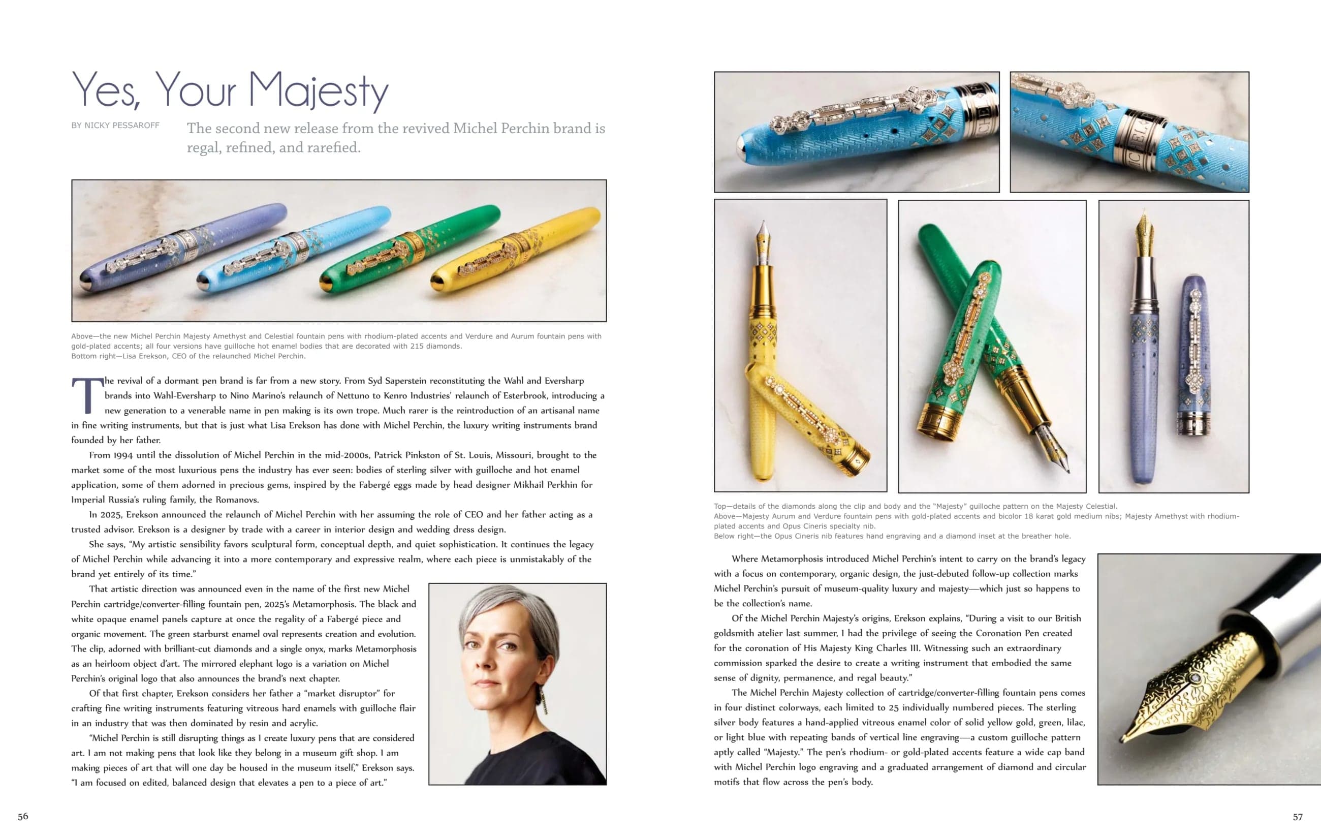Pen World Magazine August 2026 printed spread on the Michel Perchin Majesty collection, illustrated with luxury fountain pen photography by Henry David Photography in St. Louis