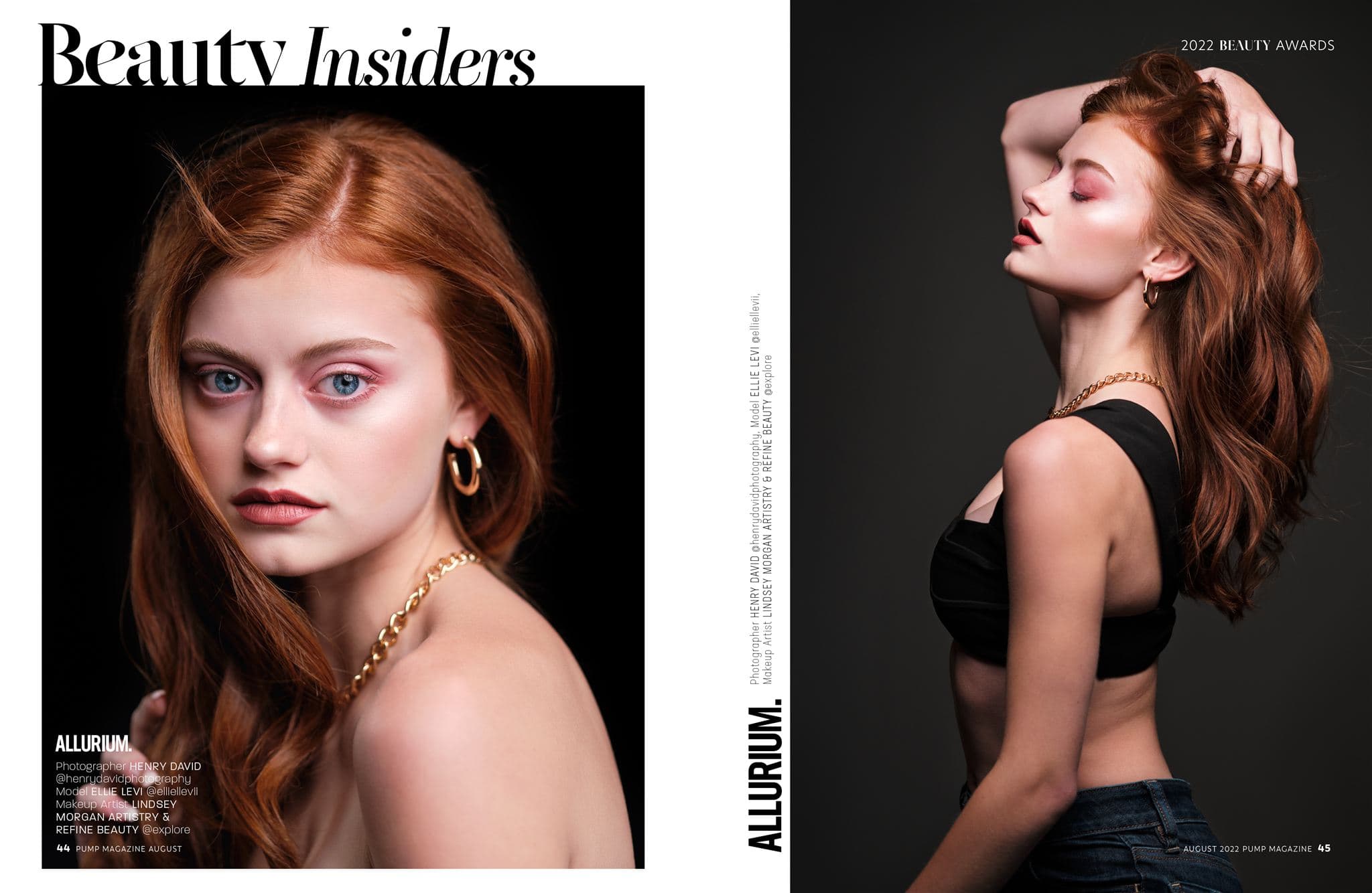PUMP Magazine printed editorial spread featuring fashion images photographed by Henry David Photography, two-page tearsheet